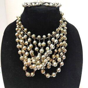 Dramatic style Jewerly set 6 Strand Chocker Queen Silver Bead Necklace Earrings